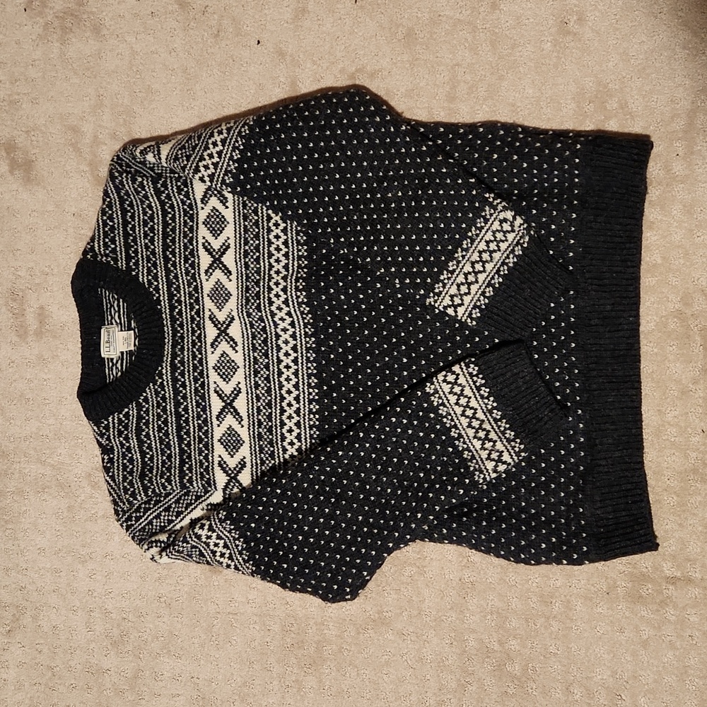 LL Bean grey wool sweater size Large men women fair isle